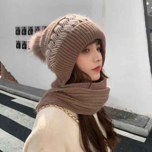 Woolen hat women autumn and winter all-match cute knitting and velvet thickening cycling hat and scarf integrated hat girl hat