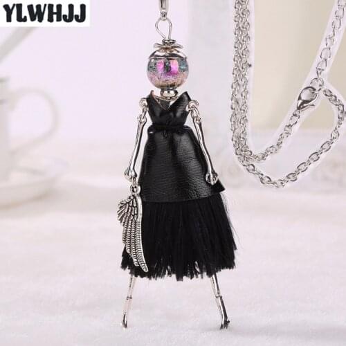 YLWHJJ hot new black leather tassel doll lovely statement necklace women long pendant girls princess alloy brand fashion jewelry
