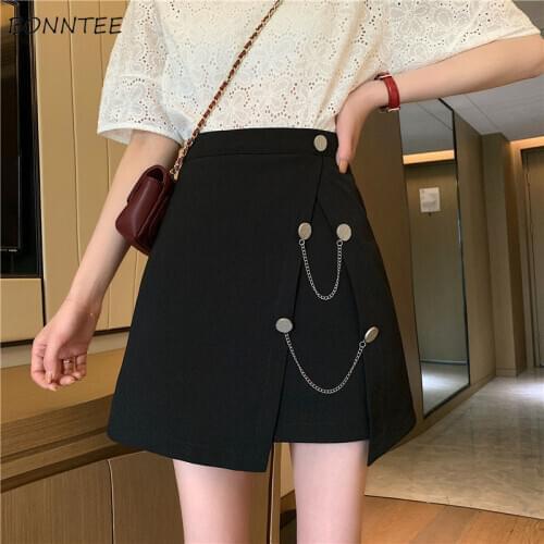 Skirts Women Thicker Chain Elegant Students Design High Waist Mini Leisure Stylish Solid Korean Style Female Black Asymmetrical