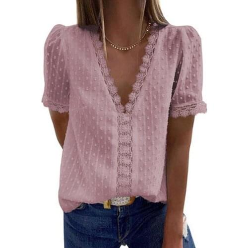 Women Fashion Lace Short Sleeve T-shirt Clothes Summer Size T-shirts Top V-neck Casual Color Plus Ladies Streetwear U1U4