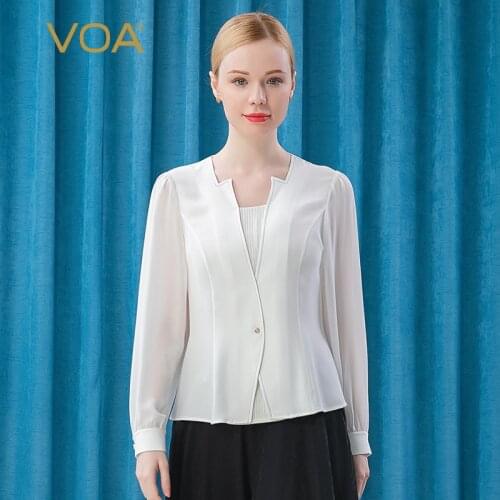 VOA Solid Casual Silk Woman Tshirts 2021 Autumn Symmetric Square Neck Female Tops White Elegant Office Ladies Cozy T-shirt BE331