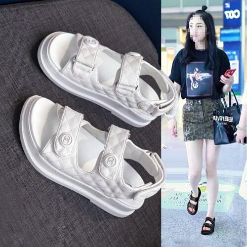 2021 New Fairy Style Real Cowhide Thick-soled Flat-bottomed Womens Sandals Ins Tide Velcro Summer Sandals Women