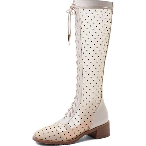 2020 Spring Knee High Boots Women Genuine Leather Block Heel Long Boots Lace up Polka Dot Zipper Shoes Woman Big Size 33-43