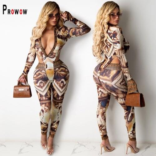 Prowow Sexy Women Clothing Set Deep V-neck Bodysuits Pant Print Spring Fall Bodycon Outfits 2021 New Long Sleeve Skinny Suits
