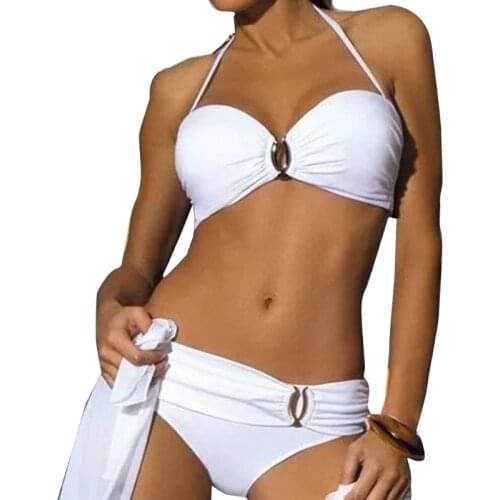 Women Sexy 2pcs Bikini Set Halter U-Clip Underwire Swimsuit Solid Bathing Suit