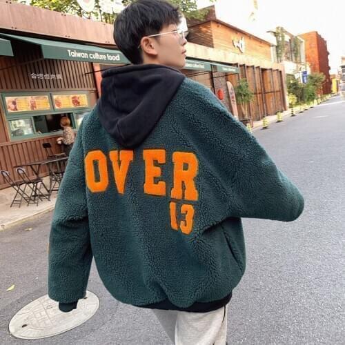 Winter male Lamb Hair Loos Warm Cashmere Thickening Cotton-padded clothes loose casual letter printing Bread served coat