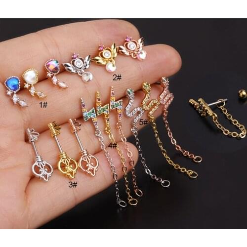 1PC Stainless Steel CZ Colorful Heart Pendant Stud Earrings Cartilage Earring Piercing Tassel Chain Helix Screw Back Jewelry