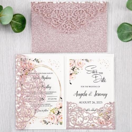 50pcs Rose Gold Color Elegant Flower Laser Cut Wedding Cards Glitter Shining Invitation Pocket for Wedding with Envelope