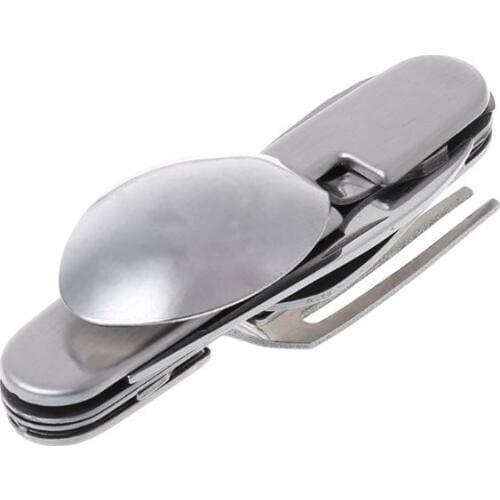 6 in 1 Outdoor Camping Tableware Folding Knife Fork Spoon Bottle Opener EDC Tool