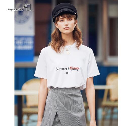 AEL 2019 Summer Women Casual Loose T-shirt O-Neck Short-sleeved Words Printed Letter Top Tshirt Cotton Plus Size Women Tops