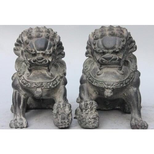 Free shipping Chinese Bronze Copper Feng Shui Evil Guard Foo Dog Lion Kylin Beasr Pair Statue 0217