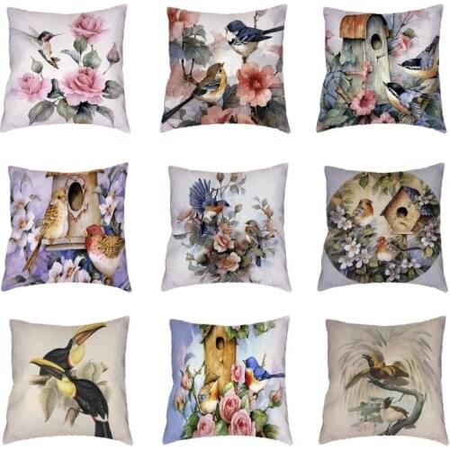 Colored Flowers Hummingbird White Cushion Cover Vintage Pink Rose Parrot Car Trip Yoga Decor Pillowcase Polyester Peach Skin