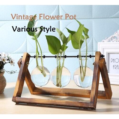 Terrarium Hydroponic Plant Vases Vintage Flower Pot Transparent Vase Wooden Frame Glass Tabletop Plants Home Bonsai Decor