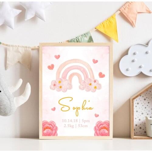 Custom Babys Name Date Rainbow Modern Nursery Poster Canvas Painting Wall Print Pictures for Kids Room Interior Home Decoration