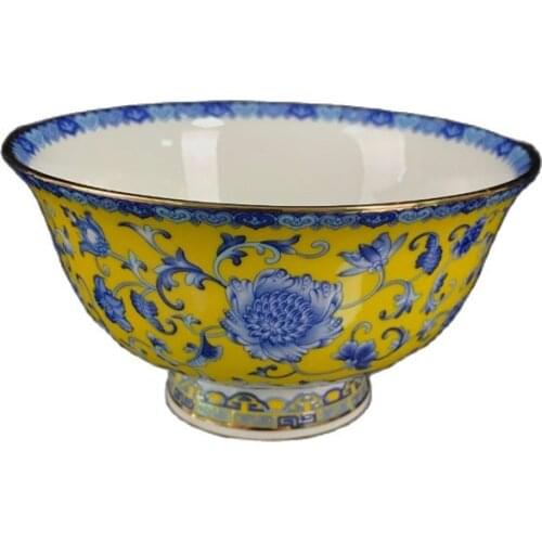 China Old Porcelain Pastel Gold Blue and White Flower Pattern Bowl