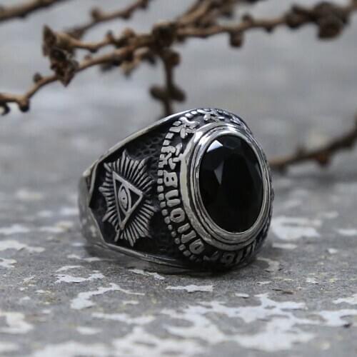 Gothic Style Big Black Stone Ring For Men and Women Egyptian The Eye of Horus Stainless Steel Ring Pagan Baphomet Ring