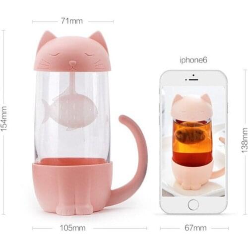 1Pc Water Bottle Cute Cat Glass Cup Tea Mug with Fish Infuser Strainer Filter For Home Offices Cute Water Bottle