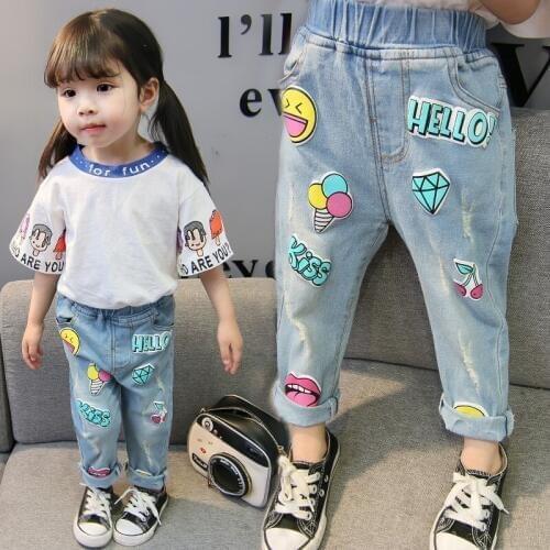 Hot Little Girls Fashion Cartoon Jeans 2020 Spring Autumn Cute Printing Denim Pants Baby Kids Holes Elastic Pants Trousers X260