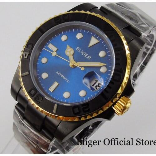 BLIGER Blue PVD Plated Men Wristwatch NH35 Movement Gold Coated Bezel Black Bracelet Sapphire Crystal