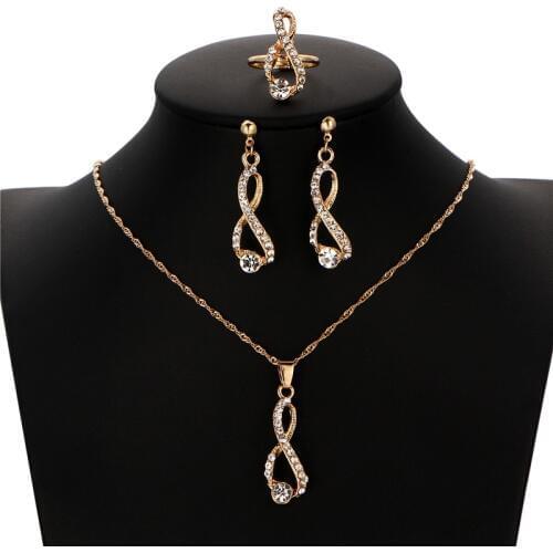 Fashion Pendant Necklaces Earrings Ring Gold Color Jewelry Set Model Eight Crystal Water Drop Jewelry Set Wedding Party