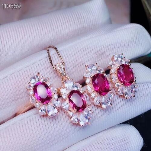 Natural pink topaz gem jewelry sets natural gemstone ring Pendant Earrings 925 silver luxurious big long women party jewelry