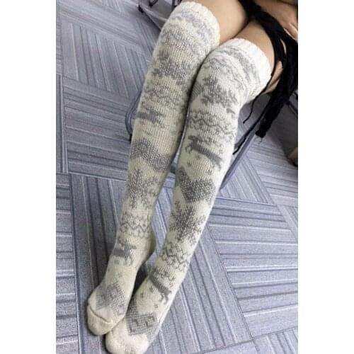 Women Christmas Snowflake Elk Socks Thigh High Long Stockings Warm Winter Knitting Over Knee Socks Xmas Wool Soft Socks