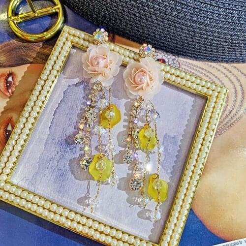 Romantic Pink Color Flower Long Tassel Dangle Earring For Women Sweet Luxury Shining Rhinestone Earring Wedding Accessories