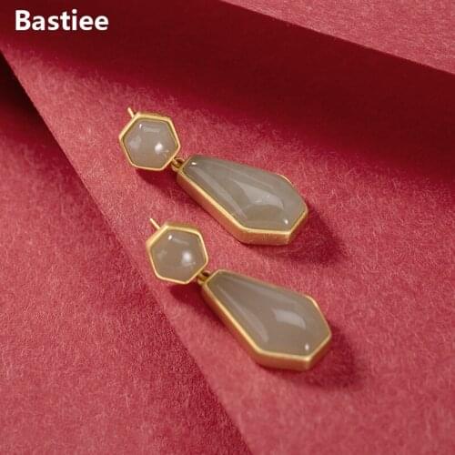Bastiee Geometric Jade Drop Earrings For Women Studs Earings Silver 925 Jewelry Gold Plating Office Lady
