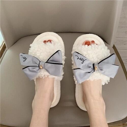 Faux Fur Slides For Women Soft Home Slippers Winter With Bow Plush Fluffy Slippers House Ladies Slipper Woman Girls Indoor Shoes