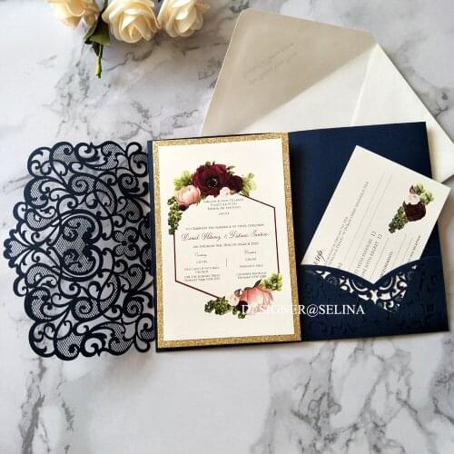 Navy Blue Sweetheart Laser Cut Pocket Wedding Invitation with Glitter Bottom DIY Invitations for Quinceaner Birthday Graduation