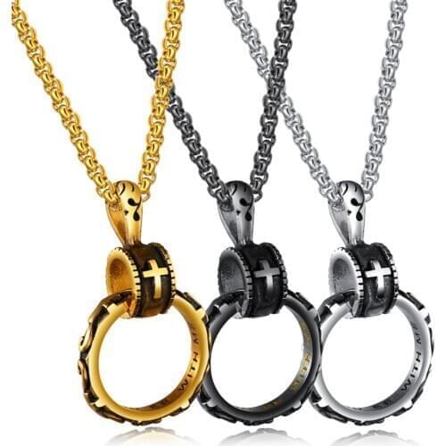 Vintage Men‘s Necklace Pendant Cross Circle Stainless steel Chain 55cm Punk Male Jewelry Gift