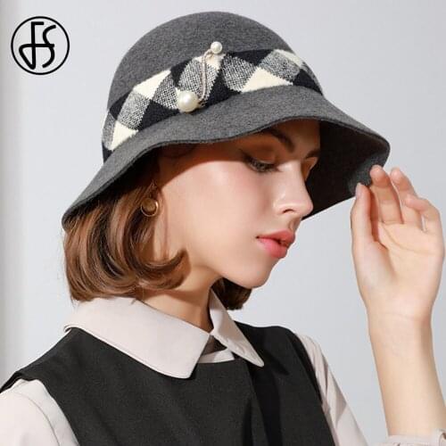 FS Lady Wool Felt Dome Fedora Hats For Women Winter Church Cloche Derby Hat Fedoras Bowler Cap With Houndstooth Ribbon Beads