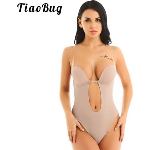 TiaoBug Women Underwire Padded Push Up Bra Plunging V-Neck Clear Straps Thong Shapewear Bodysuit for Wedding Evening Party Dress
