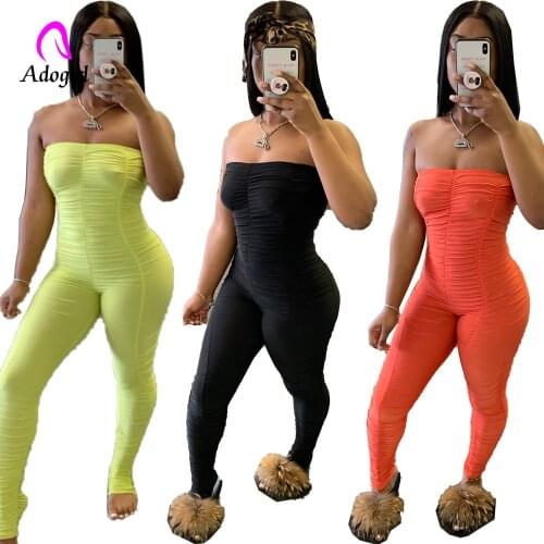 Neon Rompers Bodycon Tube Jumpsuit Women Summer Off Shoulder Backless Body Romper Overalls Ruched Stacked Leggings Pants Outfits