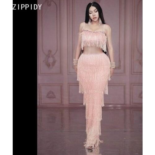 Pink Fringe Rhinestones Dress Birthday Celebrate Dress Bar Prom Show Outfit Women Dance Singer Spandex Long Dress