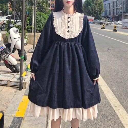 Fall Women Princess Thick Dress Ruffled Collar Pink Sweet Loose Dress Cute Kawaii Ruffles Lolita Style Fairy Party Dress HB436