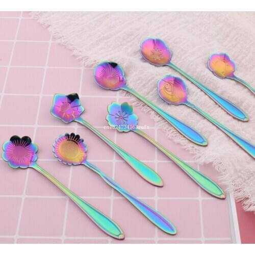 200pcs Stainless Steel Rainbow Flower Spoon Tableware Spoon Sugar Tea Stirring Dessert Ice Cream Spoon Kitchen Tool Gadget