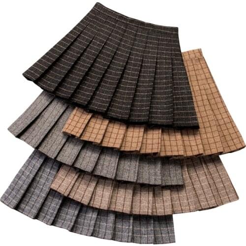 2021 Autumn and Winter Harajuku Woolen Pleated Women Skirt Yellow Plaid Zipper Thick Cotton Casual Large Size A-Line Mini Skirts