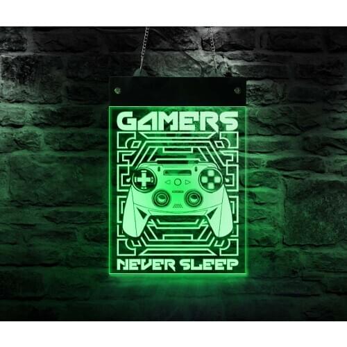 Gamers Never Sleep Man Cave Gaming Electronic Lighted Sign Playroom Joystick Video Games LED Illuminated Display Hanging Board