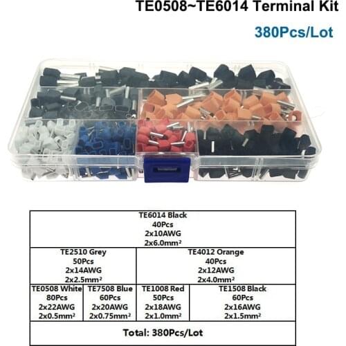 380Pcs/Lot Dual Wire TubeInsulated Crimp Terminal Kit TE0508~TE6014 Double Line Terminales Connector Cable Ferrule 0.5~6mm2
