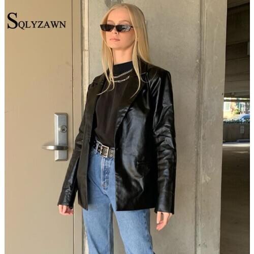 Faux PU Leather Jacket Coat for Women Fall Clothing Solid Color Loose Fashion Streetwear Office Lady Black Leather Trench Coat
