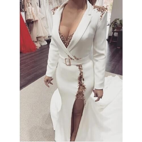 Moroccan Caftan Muslim Evening Dresses 2020 White Crystal Pearl Formal Gown Arabic Dubai Split Mermaid Prom Dress robe de soiree