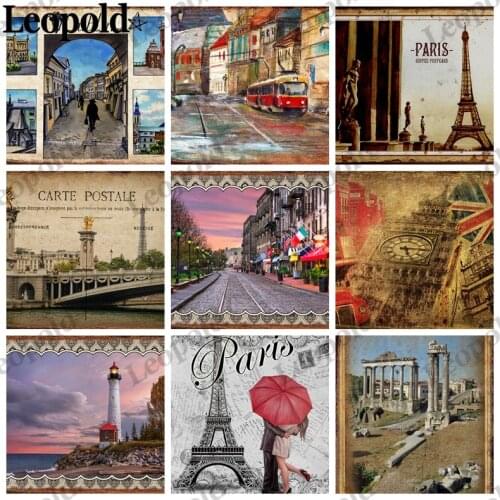 European City Metal Plate Lighthouse Bridge Vintage Poster Architectural Landscape Tin Plate Wall Sticker Coffee Bar Home Decor