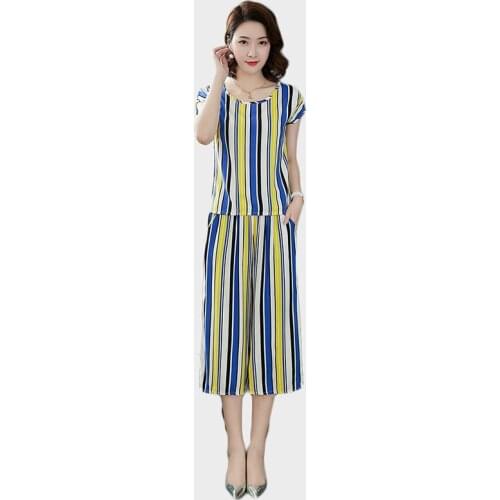Youth clothing for women large size Lady clothes set summer Striped two piece set Middle age clothing T-shirt+Wide leg pants 72