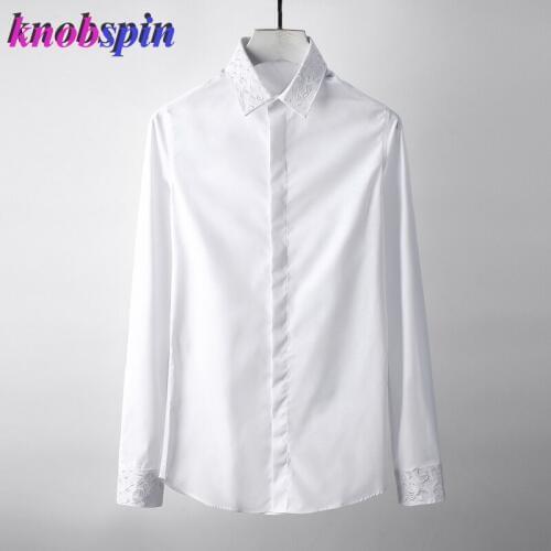 2019 Classic Embroidery Collar Shirt men Long sleeve Slim Casual Chemise homme Solid color 80% Cotton Business male Dress Shirts