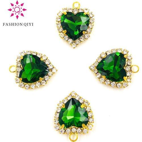 NEW 12mm Grass green heart shape gold base single loop Crystal button flatback Glass sew on rhinestones diy wedding decoration