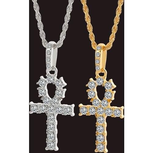 Hip Hop Ankh Cross Necklace For Women Men Jewelry Iced Out Pendant Necklace Hip-Hop Rock Men DJ Rapper Jewellery Wholesale