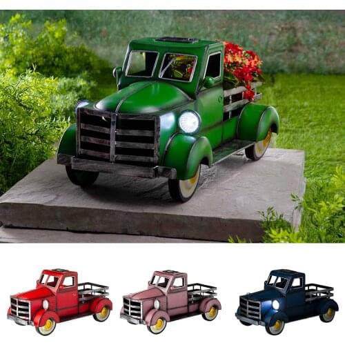 Retro Style Solar Pickup Truck Creative Truck Flower Pot Handmade Resin Crafts Ornament with LED Light Decor for Garden LBS