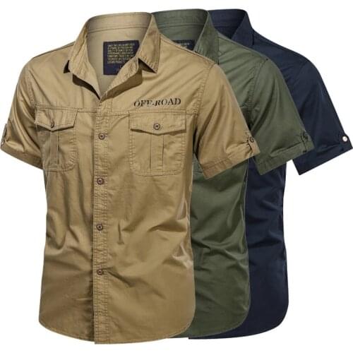 2021 Mens 100% Cotton Military Shirts Casual Dress Short Sleeve Slim Tops Work Shirt Male Solid Summer Trendy Chest Pocket 4XL