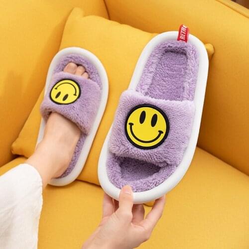 New Cotton Slippers Female Smiling Face Opening Cotton Slippers Cartoon Fashion Trend Suede Couple Indoor Cotton Slippers